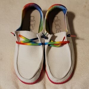 Hey Dude White Slip-On Shoes with Rainbow Accents